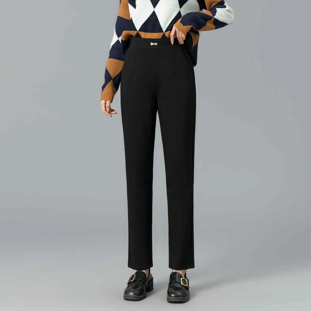 冬季加绒轻保暖小直筒裤初春防风加厚妈妈裤高腰百搭显瘦弹力裤子