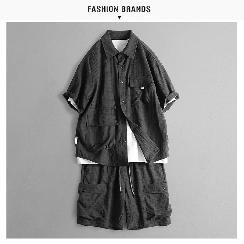 25夏季潮牌Cityboy工装短袖一体装肌理感多口袋薄款衬衣+短裤套装