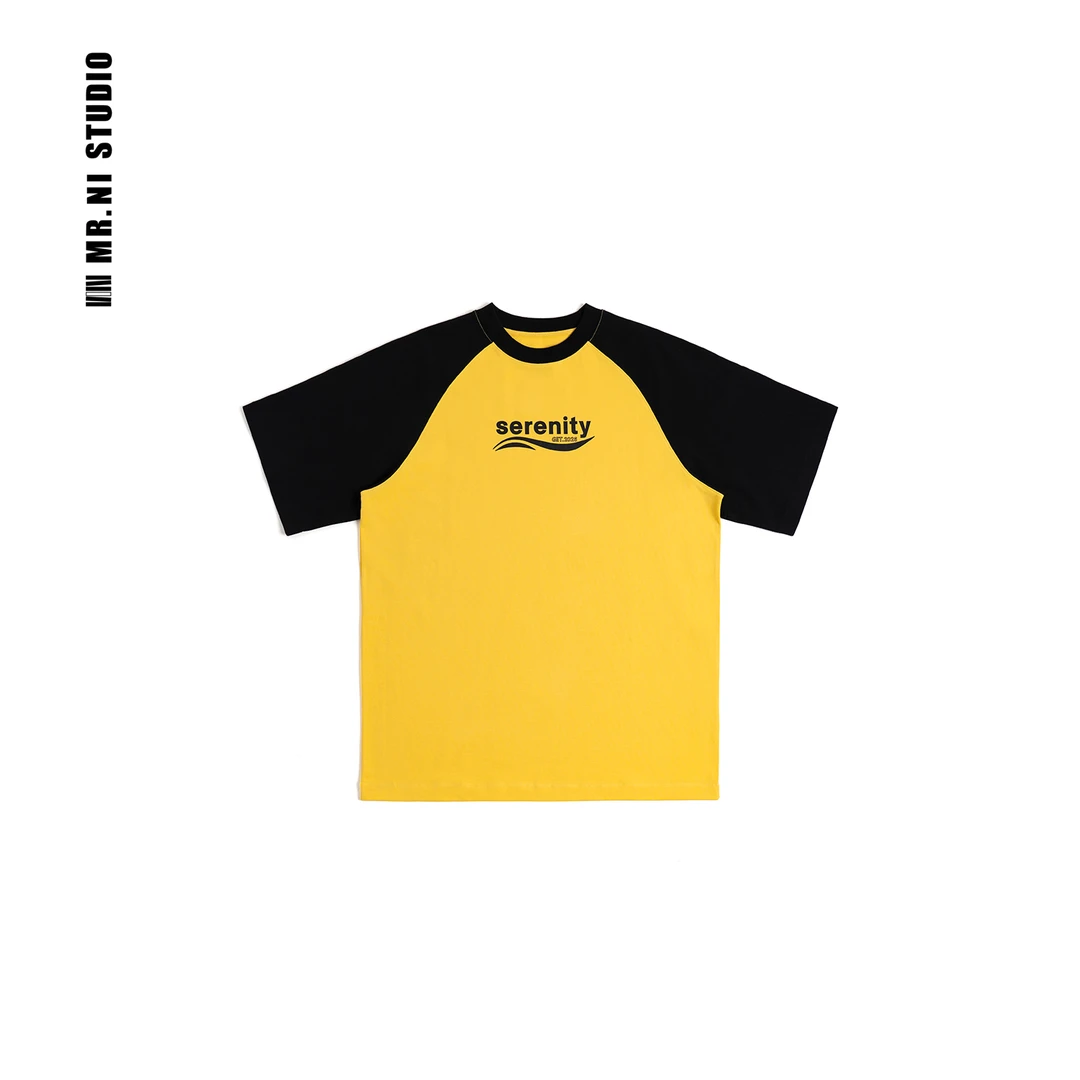 MR.NI/倪先生「焦点」多巴胺撞色拼接擦肩字母复古学院风短袖T恤