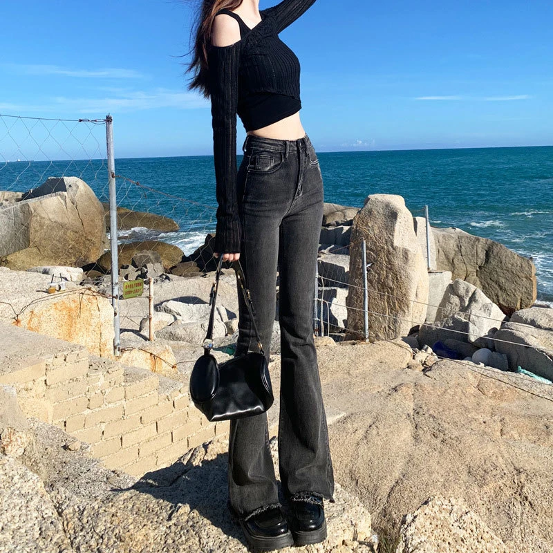 弹力微喇牛仔裤女小众高腰时尚毛边修身百搭马蹄长裤黑冬季小个子