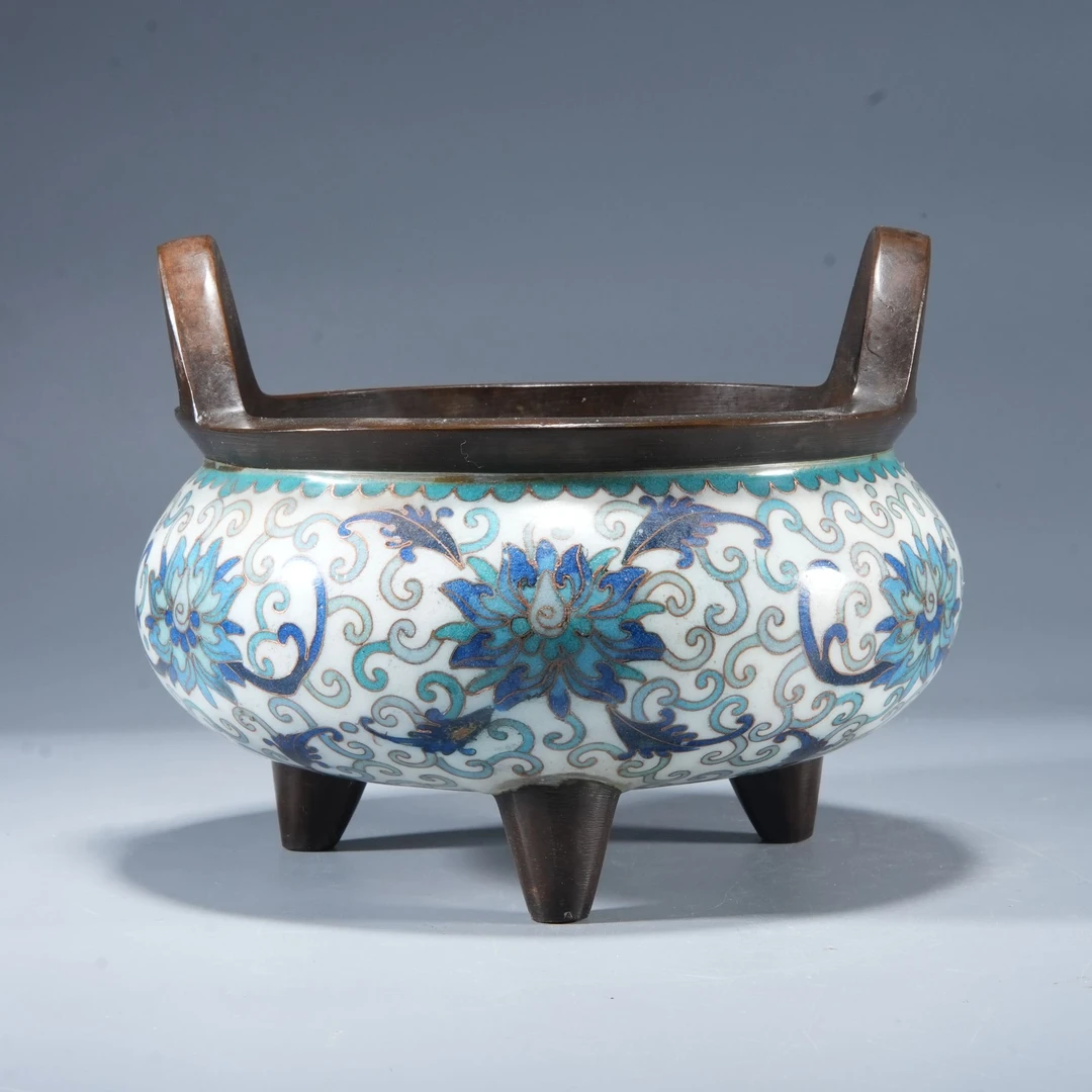 z346/清代 铜胎珐琅缠枝莲纹三足炉【华豫之门甄选】