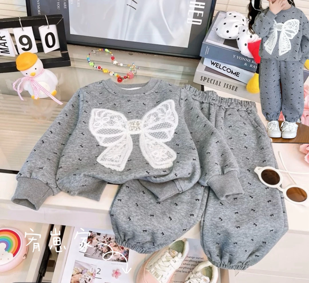 女童蝴蝶结春秋新款2025套装韩版卫衣二件套女孩秋季衣服两件套