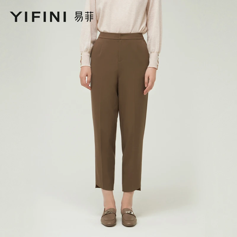 【Yifini】专柜同款松茶色通勤百搭锥型九分裤B09K1402