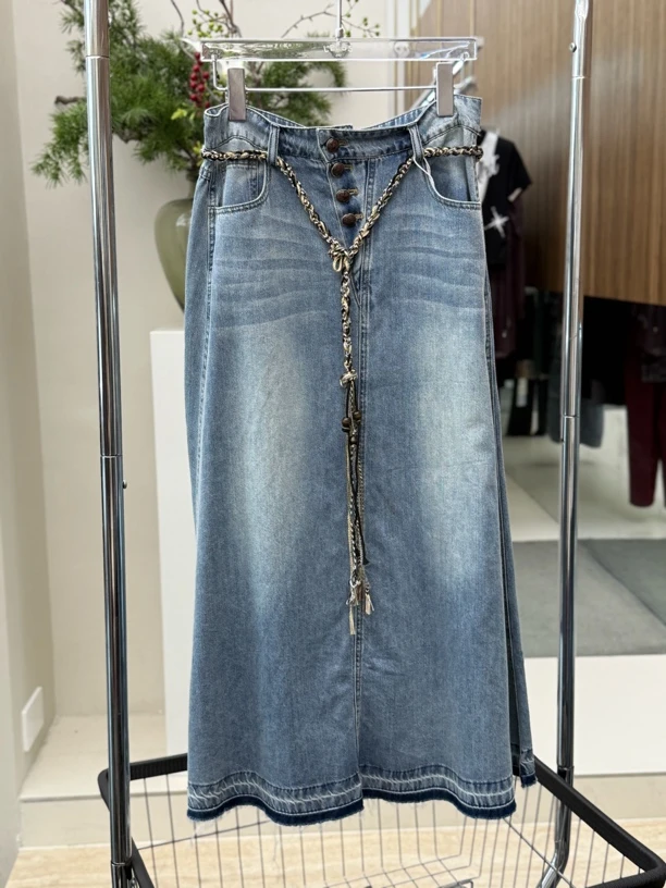 【LEESS买手店】夏季薄款软牛仔薄A字牛仔半身裙女编带腰绳