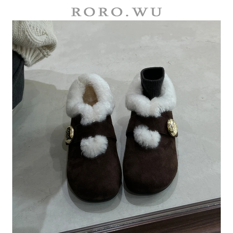 娆娆吴·磨砂牛皮加绒保暖一字扣带毛毛鞋冬季新款全包勃肯鞋女P05