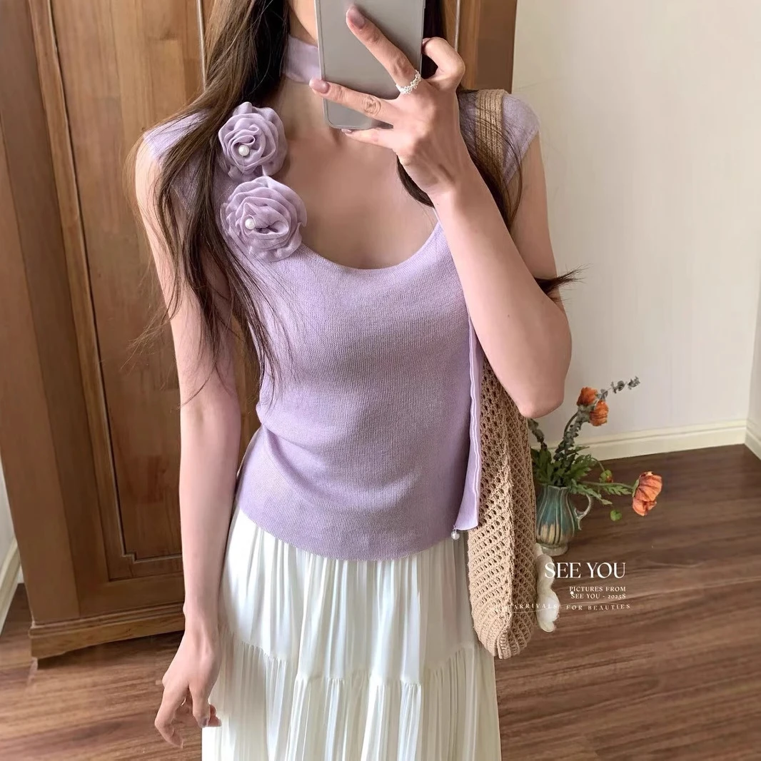 法式挂脖飘带紫色立体花朵方领T恤女夏季薄款冰丝针织超好看上衣