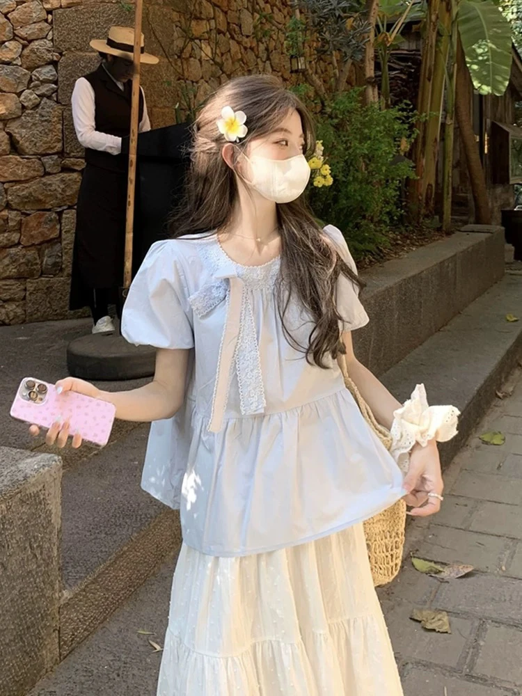 蓝色泡泡袖衬衫女夏小个子独特法式娃娃衫蝴蝶结系带圆领短袖上衣