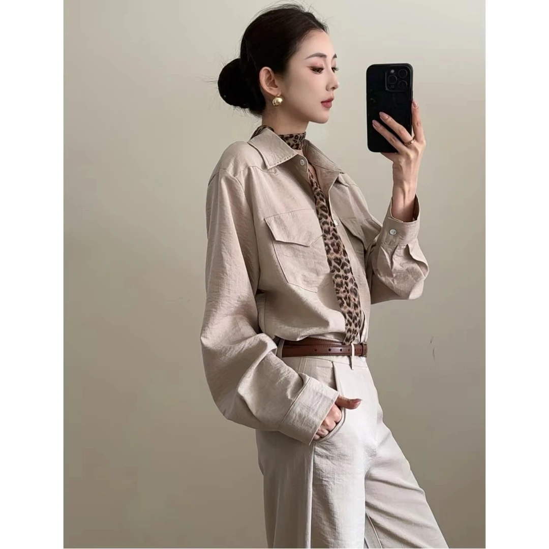 春夏慵懒宽松衬衫套装女低腰阔腿裤休闲裤显瘦休闲通勤防晒两件套