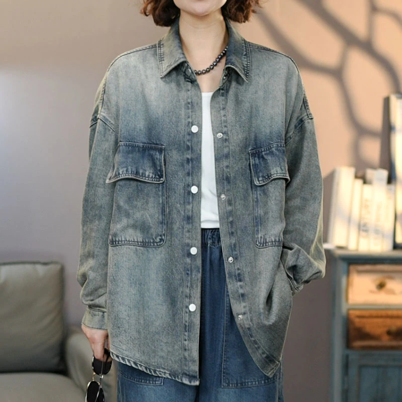 8778蓝牛仔外套女士中长款均码2025春季新款水洗上衣显瘦夹克潮流