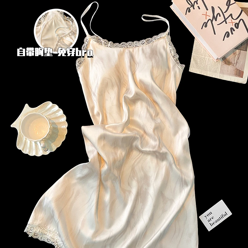 WONST睡裙女冰丝吊带无袖背心夏季带胸垫睡衣性感水波纹家居服夏