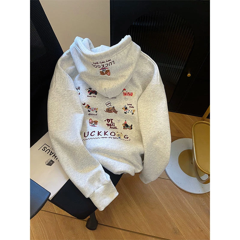 美式复古小狗刺绣连帽卫衣女秋冬新款高级感oversize软糯宽松外套