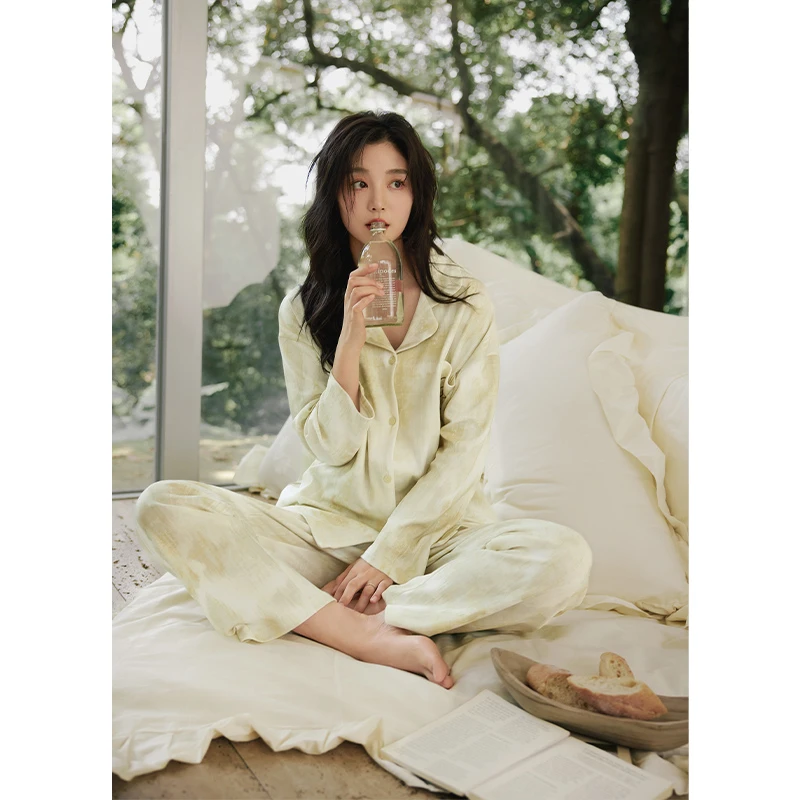 扎染睡衣女春秋款简约长袖纯棉蝴蝶休闲可外穿宽松家居服套装