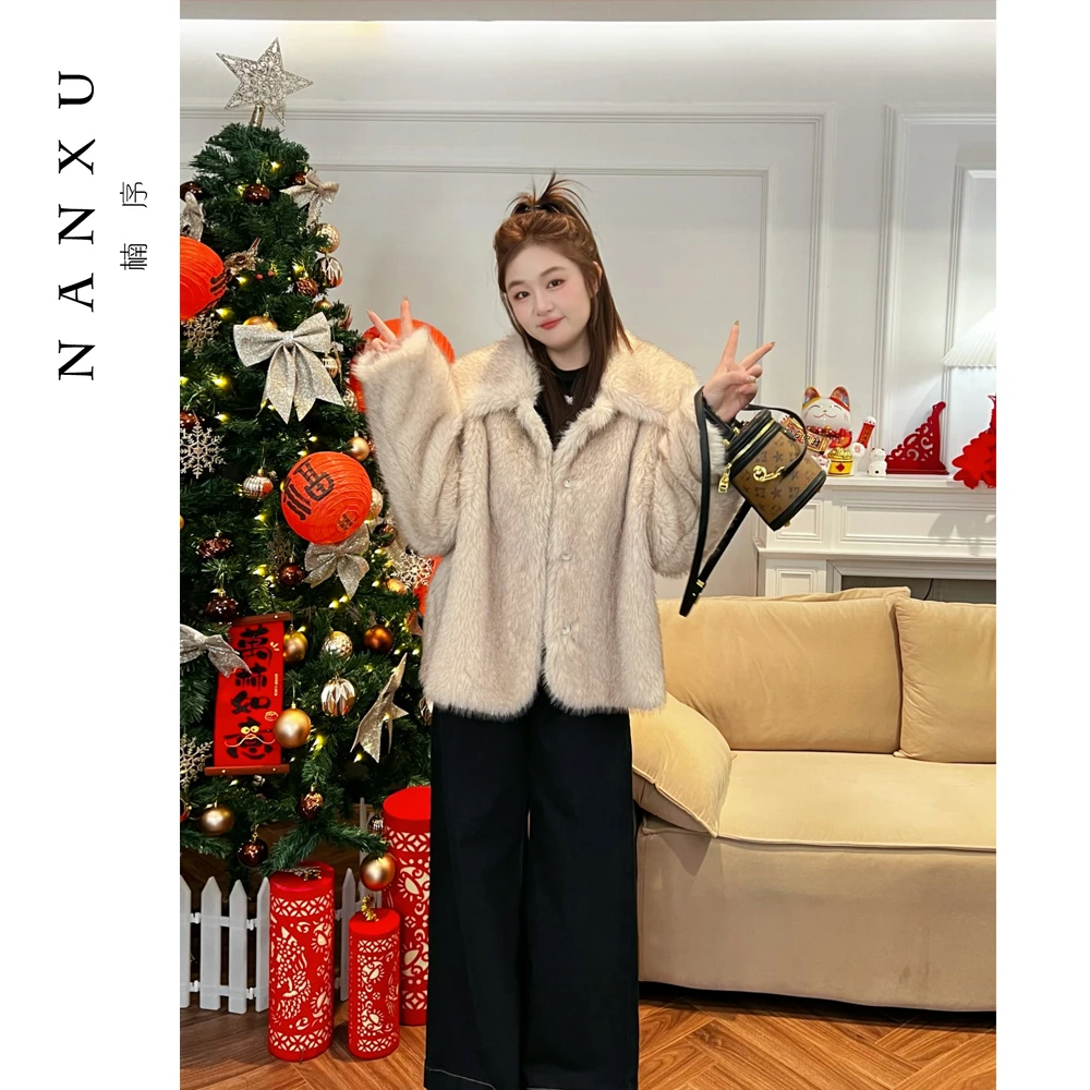 楠序胖mm大码女装 微胖女装环保毛时尚显瘦加厚短外套女款YZ33332