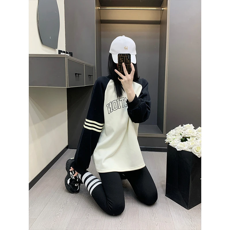 卫衣加绒女款爆款2025新款时尚假两件休闲百搭春秋撞色宽松设计感