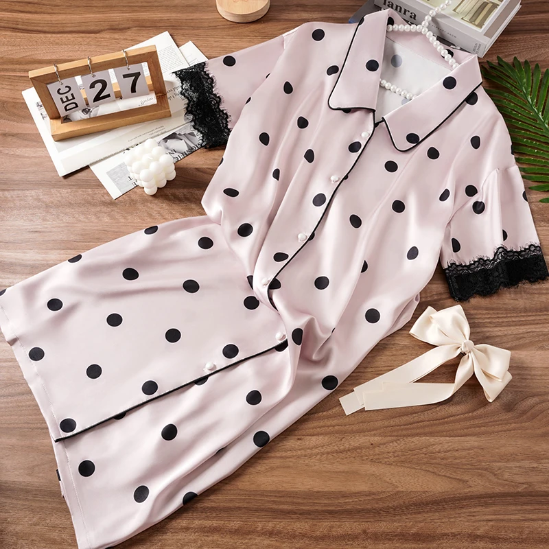 睡衣女爆款2025新款冰雪丝黑色波点蕾丝边显高级感宽松睡裙家居服