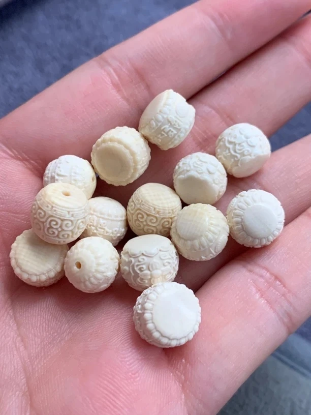 【活动】纯天然猛犸牙10mm精工雕刻六字真言/回纹珠文玩配饰