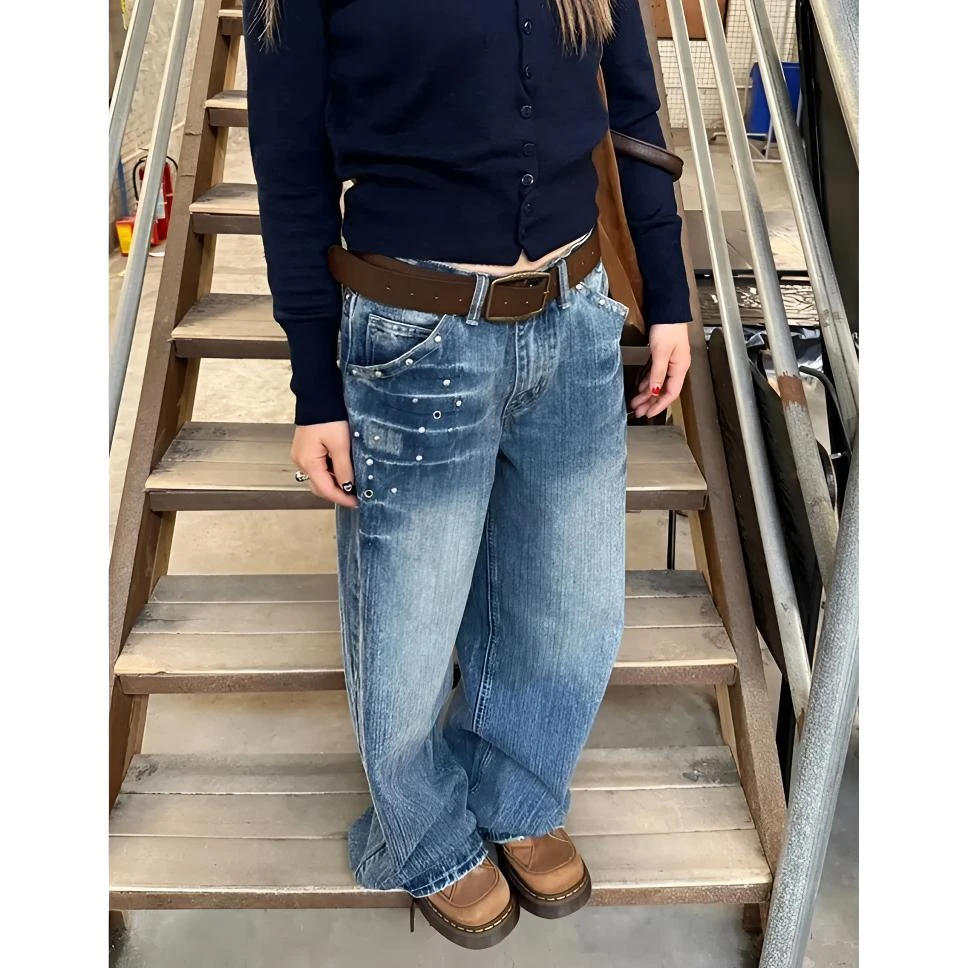 美式复古铆钉水洗闪电直筒牛仔裤子女设计感做旧辣妹阔腿拖地长裤