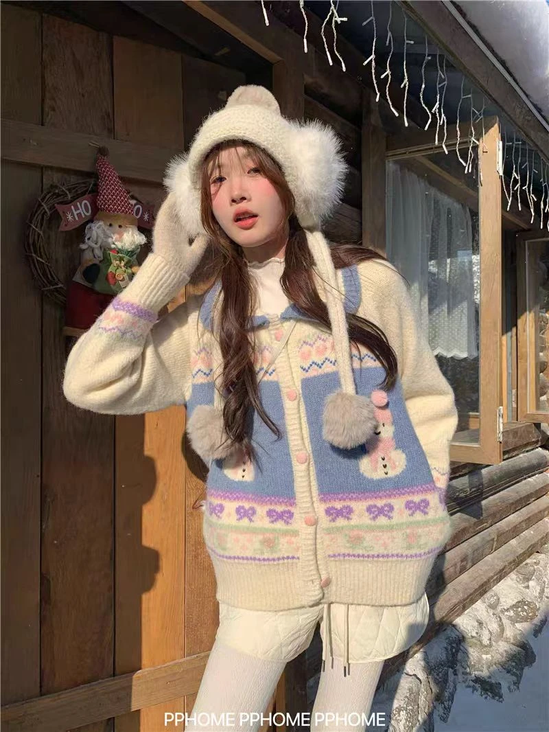 Momo冬季柔软撞色提花手绣脸可爱雪人圣诞翻领娃娃领开衫毛衣雪人