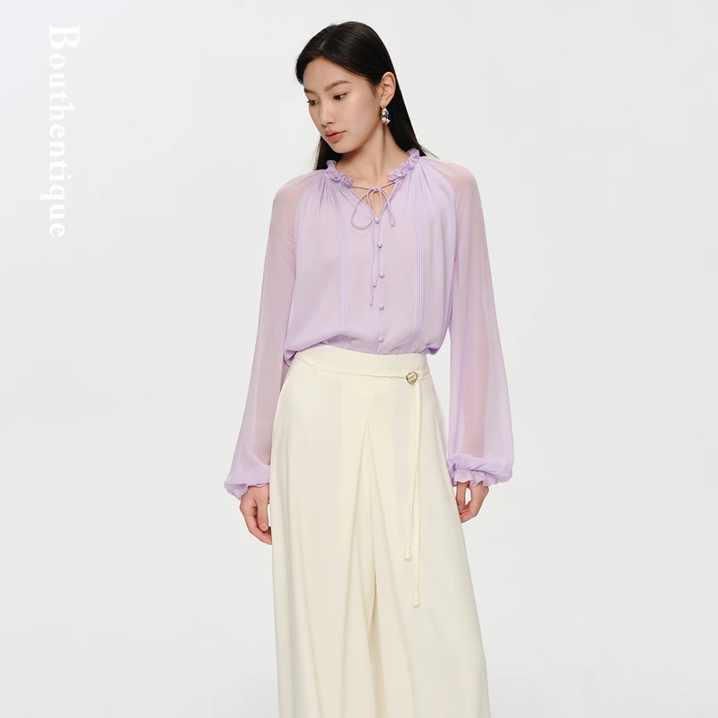 Bouthentique优雅精致牙签褶设计长袖衬衣225131N2S33