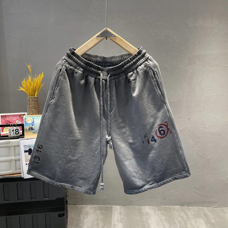 高街复古短裤字母印花磨白运动五分裤男夏季潮牌破洞针织休闲短裤
