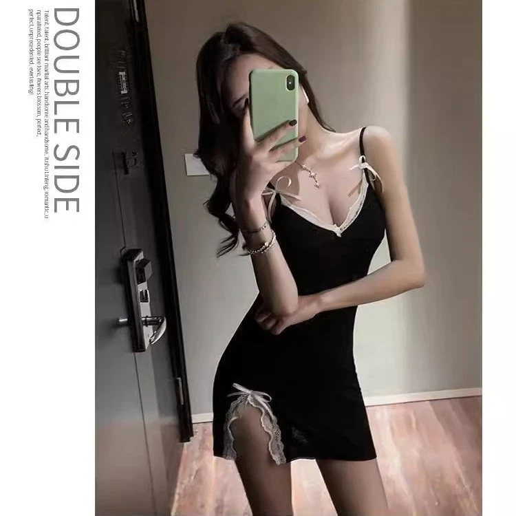 网红吊带睡衣女裙夏性感可爱修身纯欲风蕾丝可胸垫睡裙家居服时尚