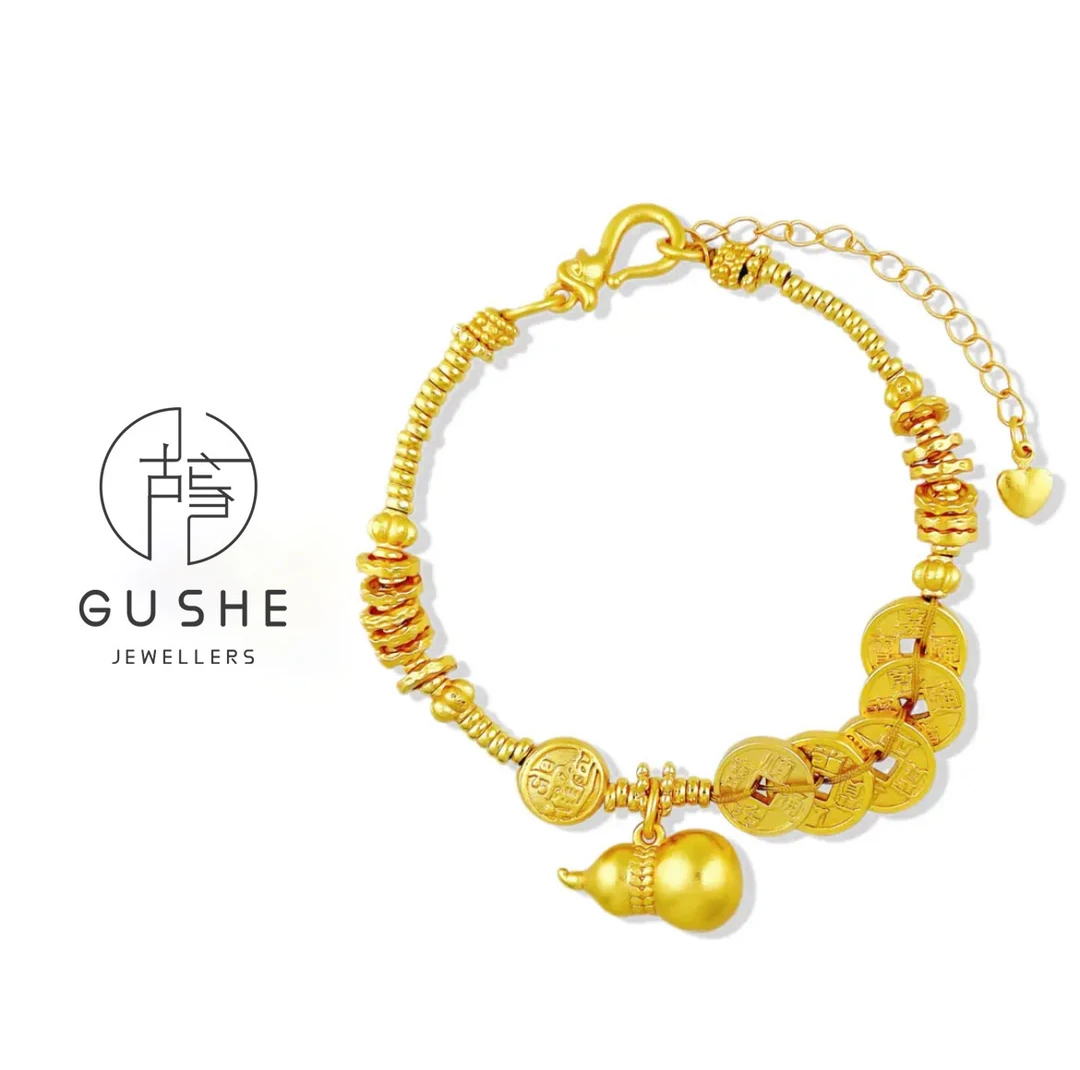 铜合金手链 轻奢小葫芦五币钱手链古法编织百搭经典时尚手链