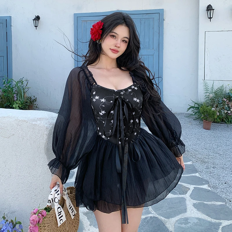 2025新款胖mm大码泳衣女连体裙式纯欲风一字肩遮肚显瘦泡温泉泳装