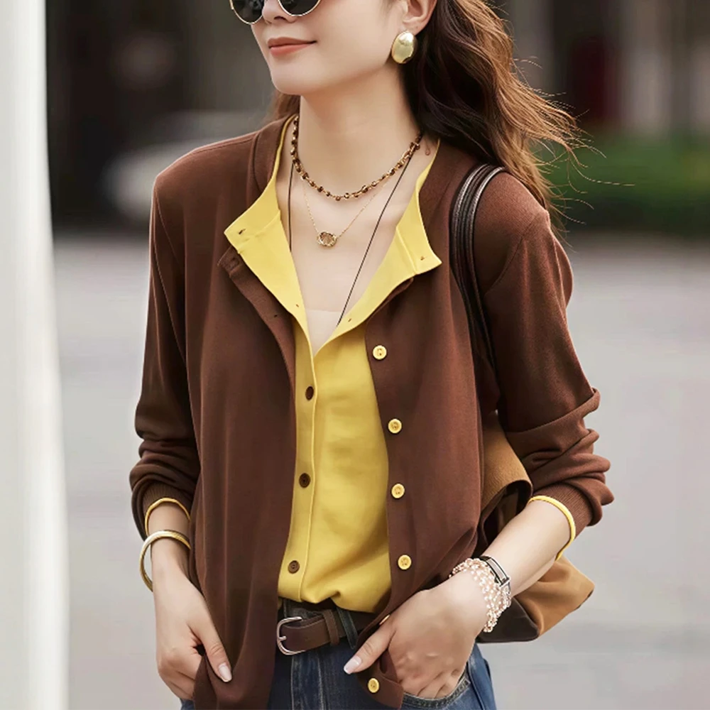 早秋新款女复古撞色长袖针织开衫时尚减龄修身洋气显瘦假两件上衣