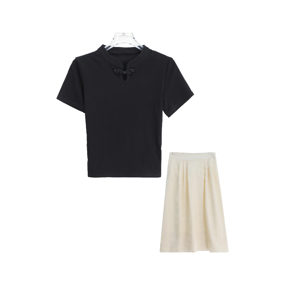 复古盘扣百搭短袖国风提花半身裙套装S1968