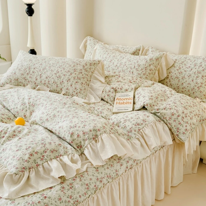 新款韩式春夏水洗棉法式庄园提花花边赫本风床裙床盖款四件套