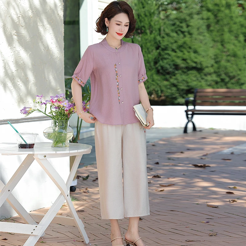 2025新款中老年女士夏装妈妈洋气刺绣上衣时尚休闲阔腿裤两件套装