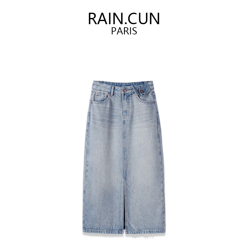 RAIN.CUN薄休闲中长款包臀裙高腰显瘦复古开叉牛仔半身裙女10961Q