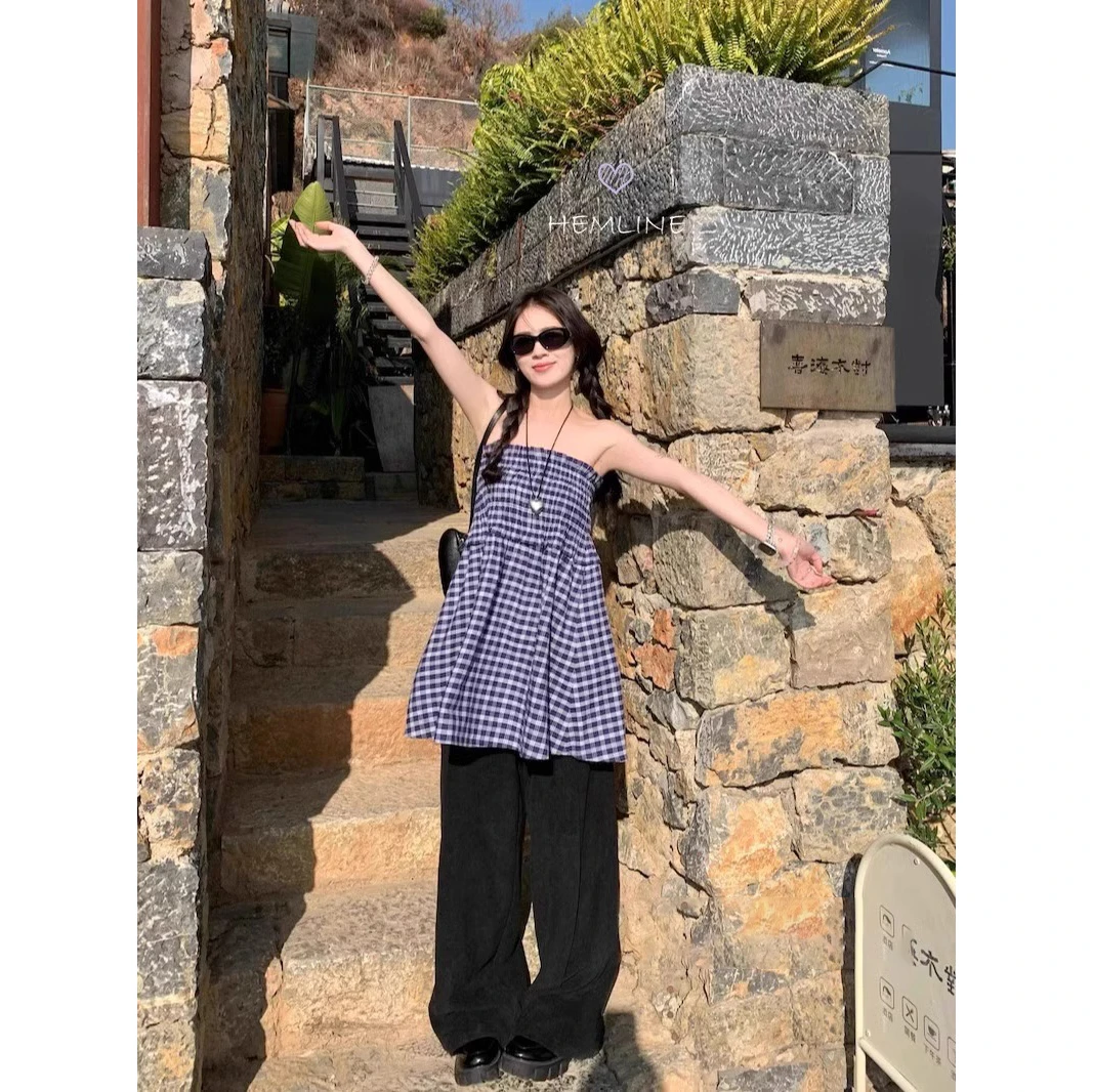 小众设计感两穿蓝色格子半身裙女夏季法式气质抹胸背心裙a字伞裙