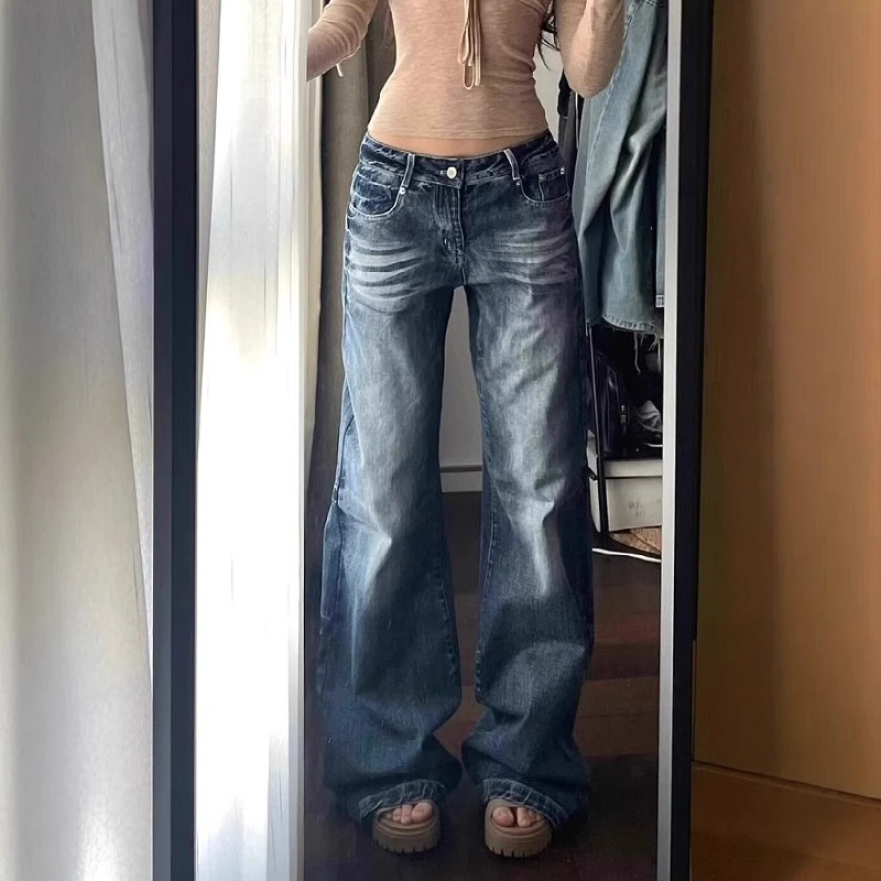 胖MM大码美式复古显瘦牛仔裤女高腰遮胯直筒拖地微喇阔腿裤-6903