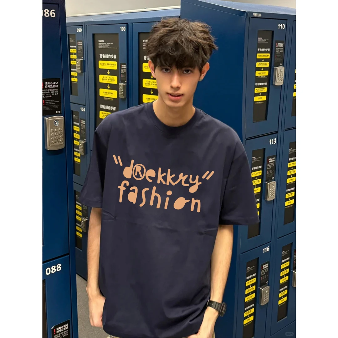 100%纯棉美式简约涂鸦字母印花短袖T恤夏季男女休闲宽松情侣上衣