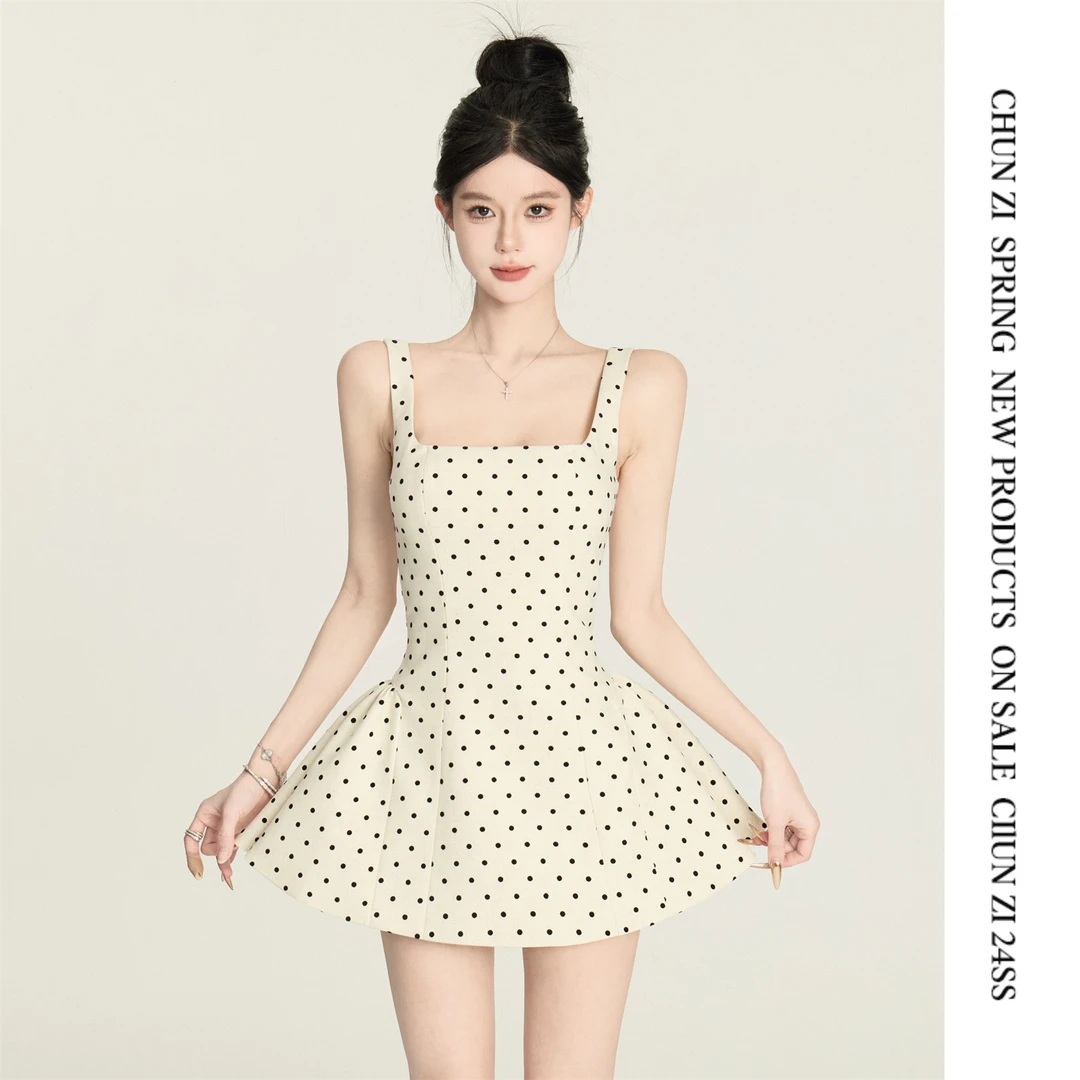 【CHUN ZI】早春2025新款法式甜美方领白色波点连衣裙A字裙