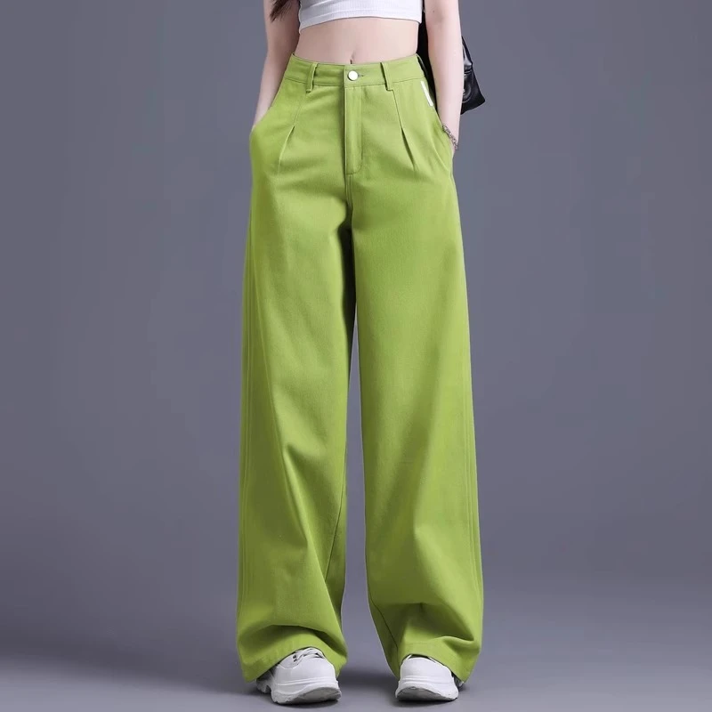 绿色阔腿牛仔裤女夏季2025新款慵懒风多巴胺休闲裤高腰宽松直筒裤