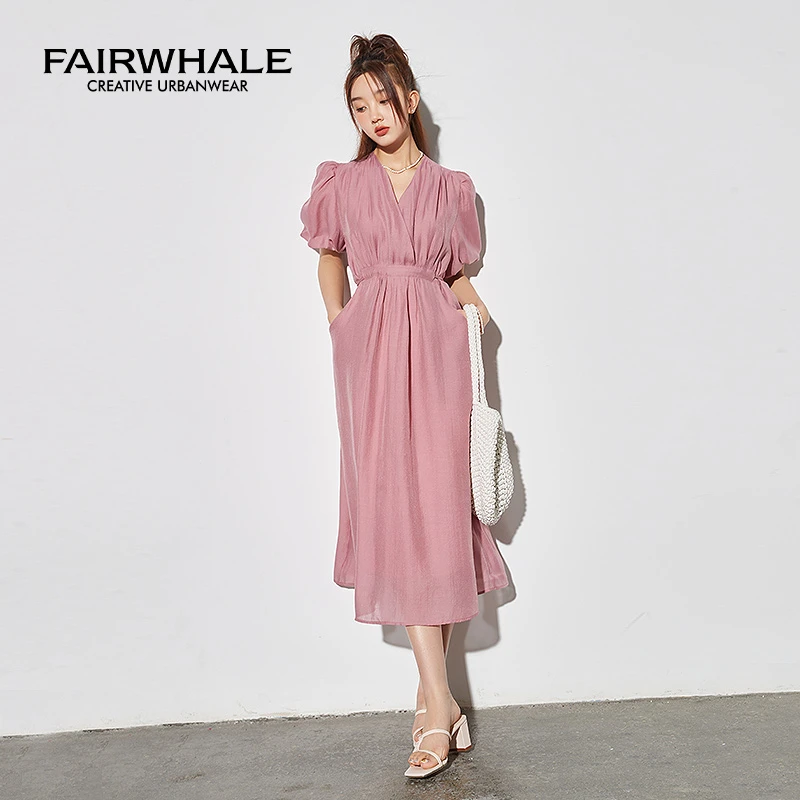 马克华菲女装时尚百搭V领纯色泡泡袖褶皱连衣裙 F22028A54