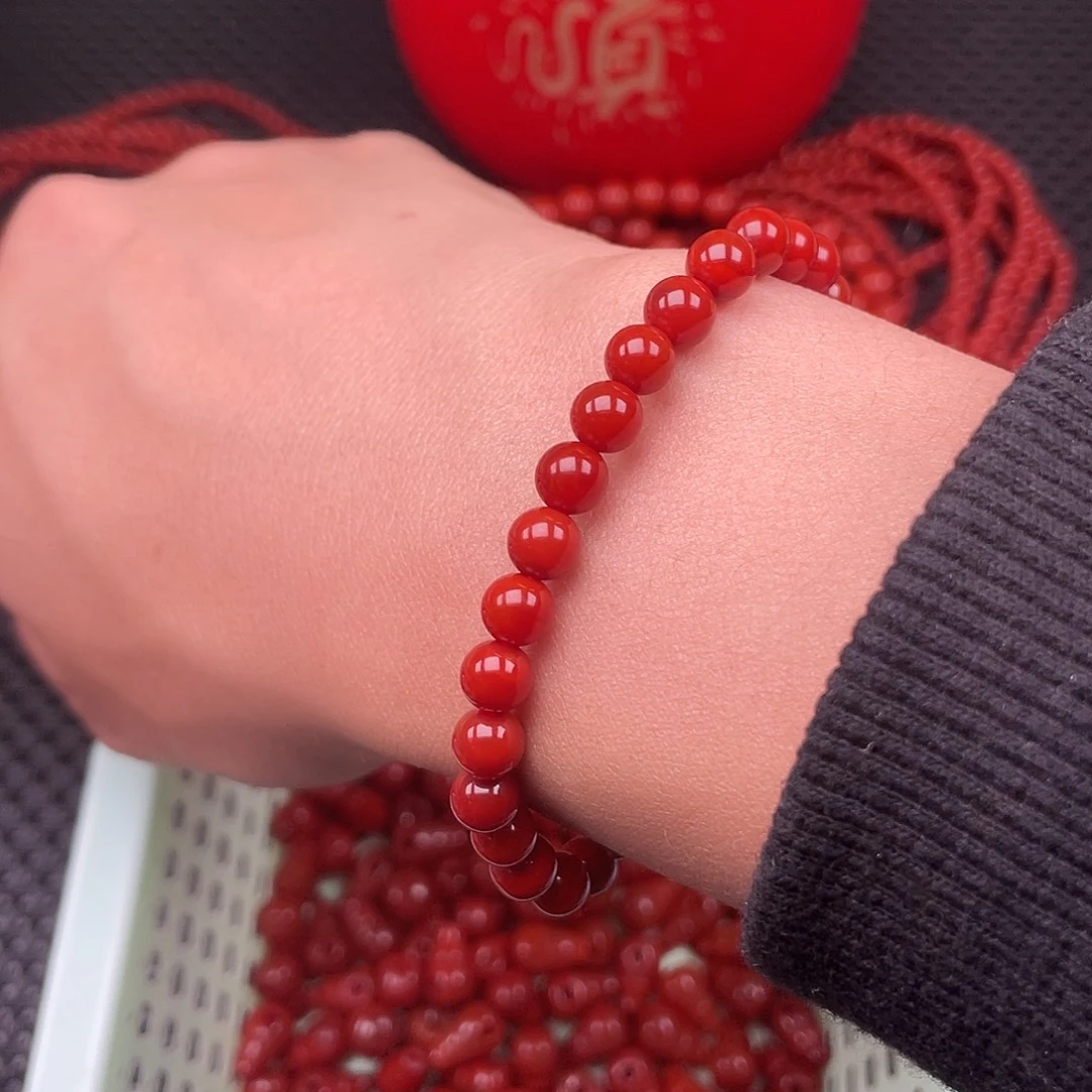 南红玛瑙未镶嵌6mm柿子红圆珠手链整串30颗
