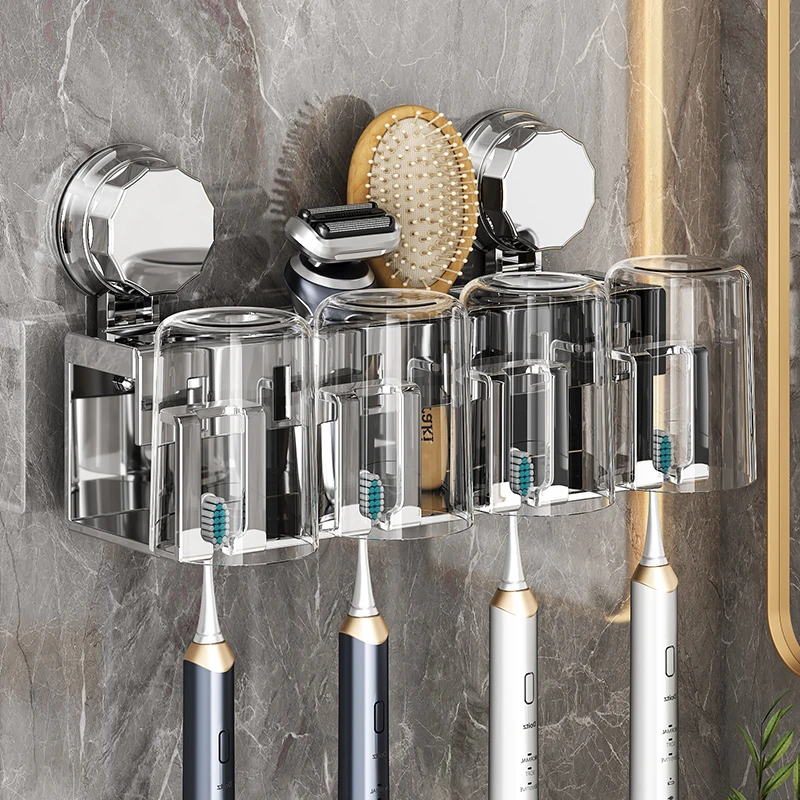 壁挂式洗漱杯套装免打孔沥水牙刷架多巴胺底座一家四口牙膏置物架