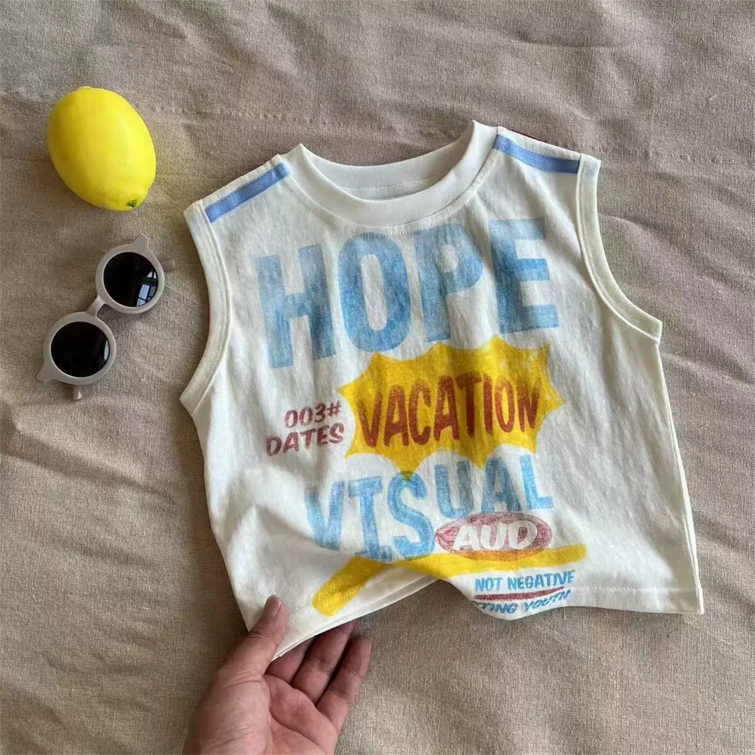 韩版儿童背心2025夏男女童日系卡通印花棉T宝宝小童洋气无袖T恤