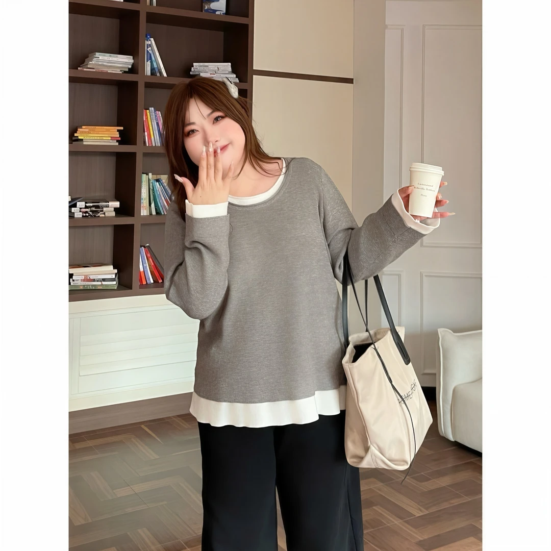 花契“纽约雾橘”大码女装冬季简约200斤胖mm假两件针织衫15469-C