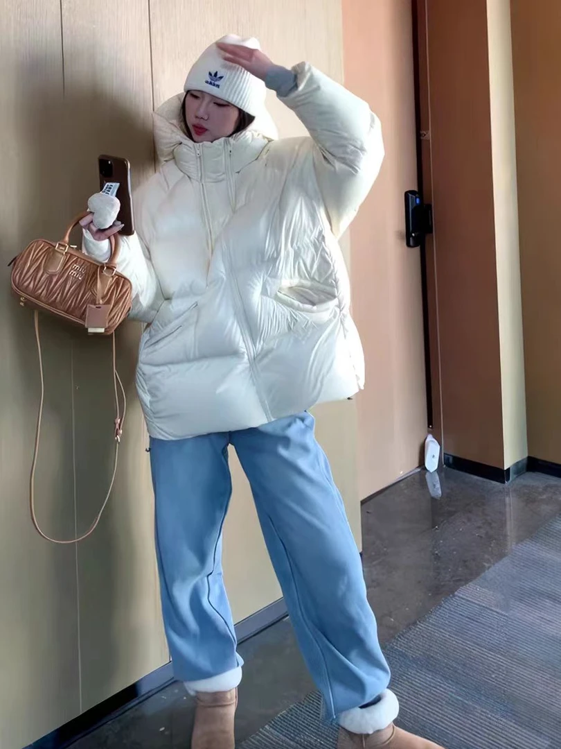 休闲加厚免洗羽绒服网红连帽情侣女百搭拉链潮流中长款纯色