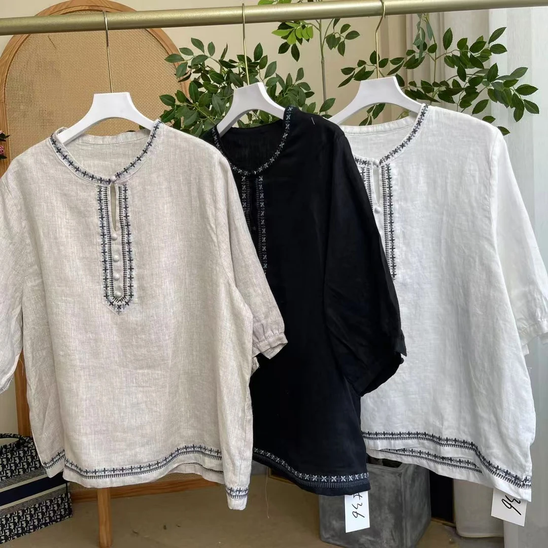 2536高级平纹亚麻华贵刺绣高级感简约风上衣