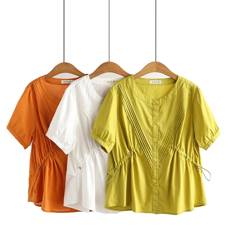 卡洛町大码女装120-200斤夏新款时尚百搭收腰抽绳设计感衬衫2152