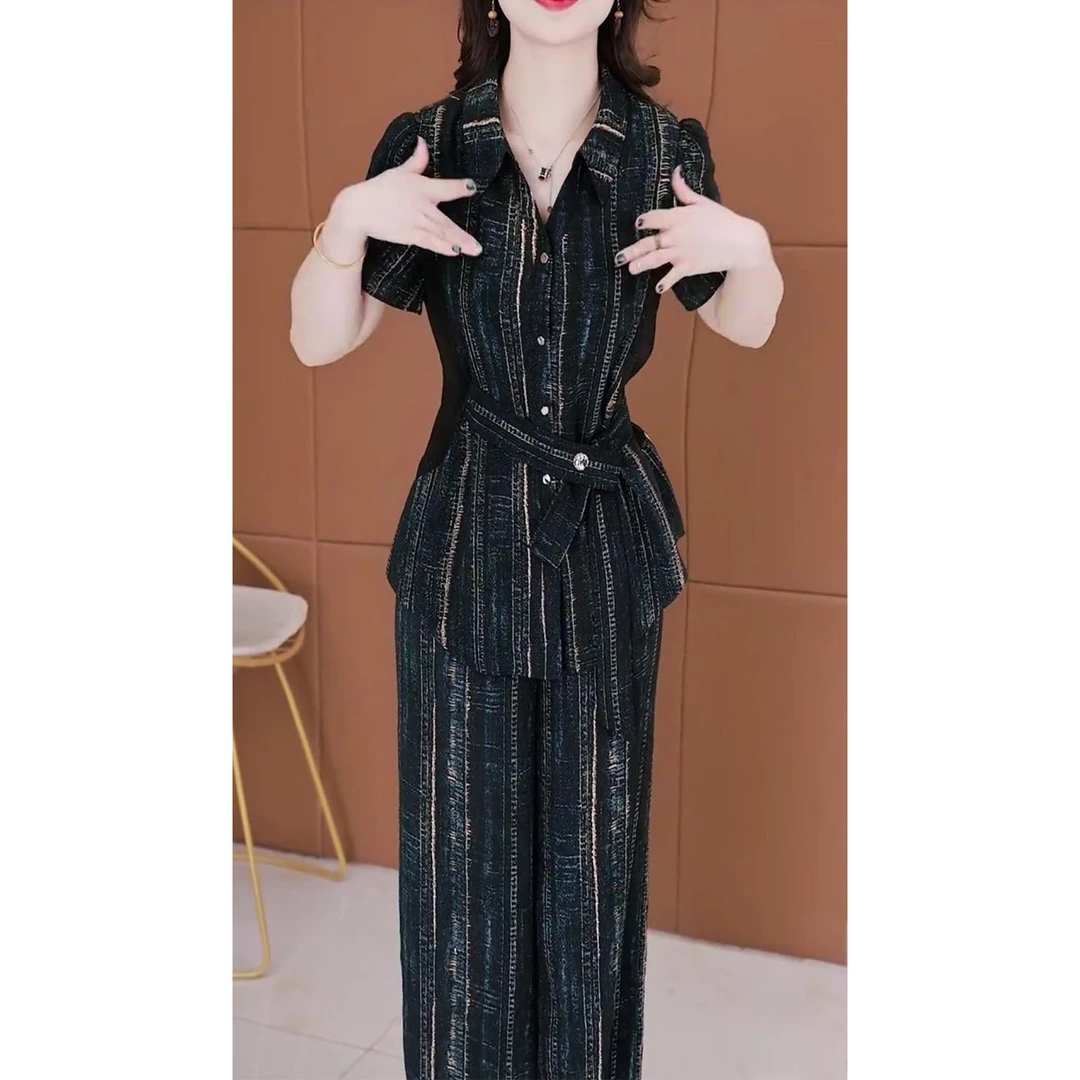 2025年夏季新款时尚套装女气质宽松显瘦短袖上衣阔腿裤休闲两件套