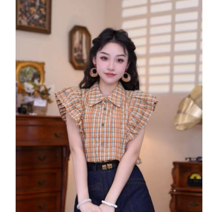 富贵【童年稻香】港味复古时尚气质飞飞袖上衣02432