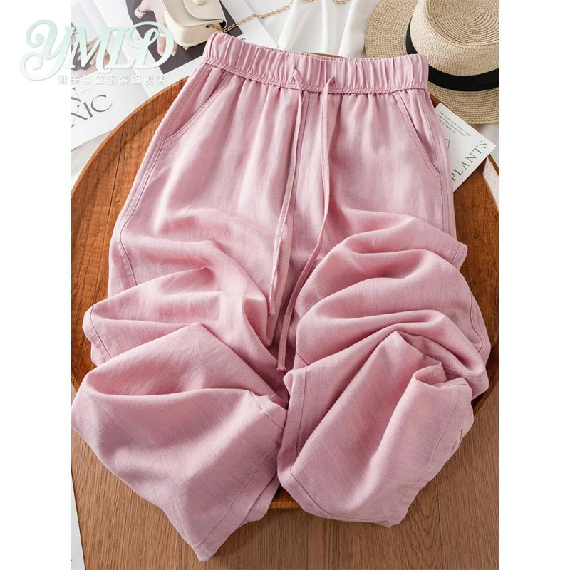 粉色棉麻阔腿裤女夏薄款2026新款垂感苎麻裤子天丝亚麻直筒裤