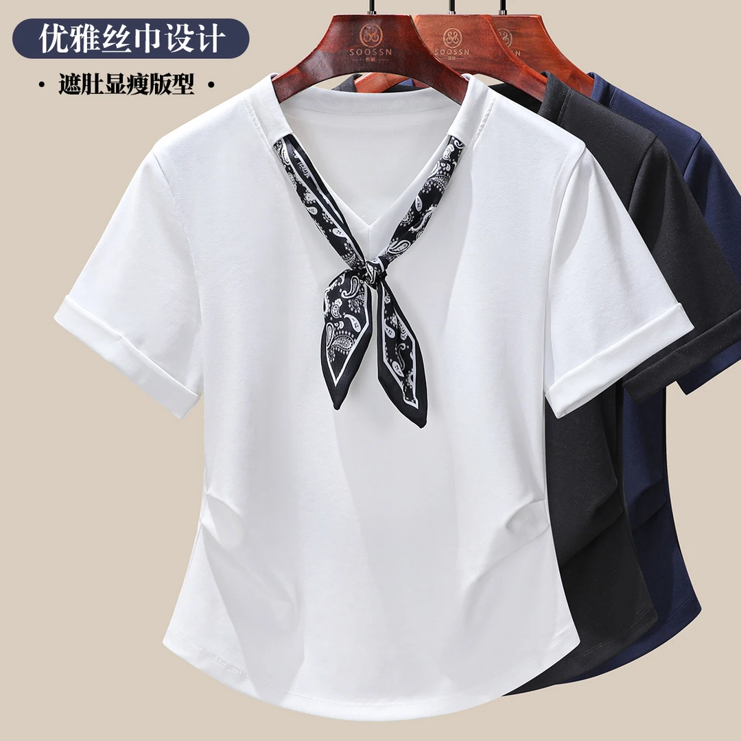 2025年夏季新款配丝巾短袖体恤女设计感小衫褶皱收腰显瘦女装T恤