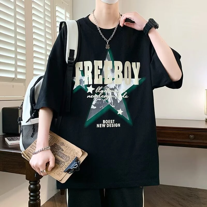 春夏季纯棉短袖T恤男潮流英文五角星印花上衣宽松休闲百搭体恤衫